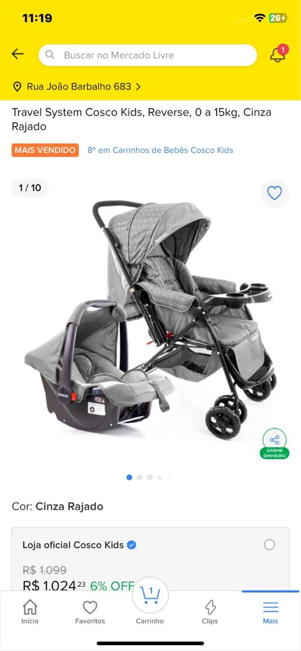 Carrinho de bebê Travel System Cosco Kids, Reverse, 0 a 15kg, Cinza Rajado