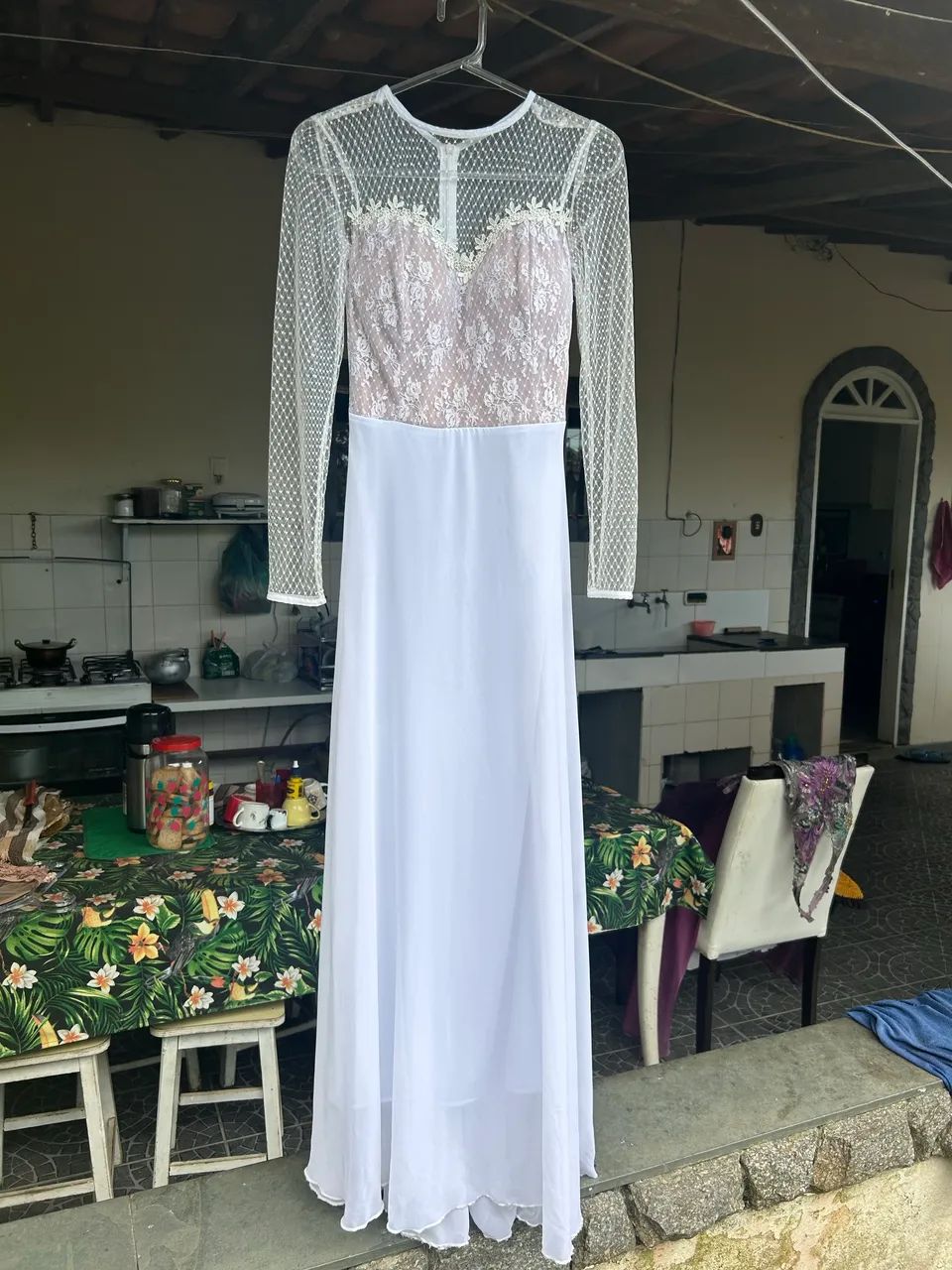 Vestido Longo Branco Renda Rosé e Tule  - Foto 2