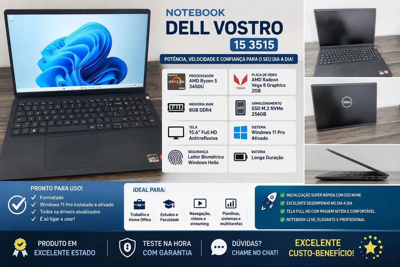NOTEBOOK DELL VOSTRO 15 3515 - RYZEN 5 + SSD NVMe + FULL HD