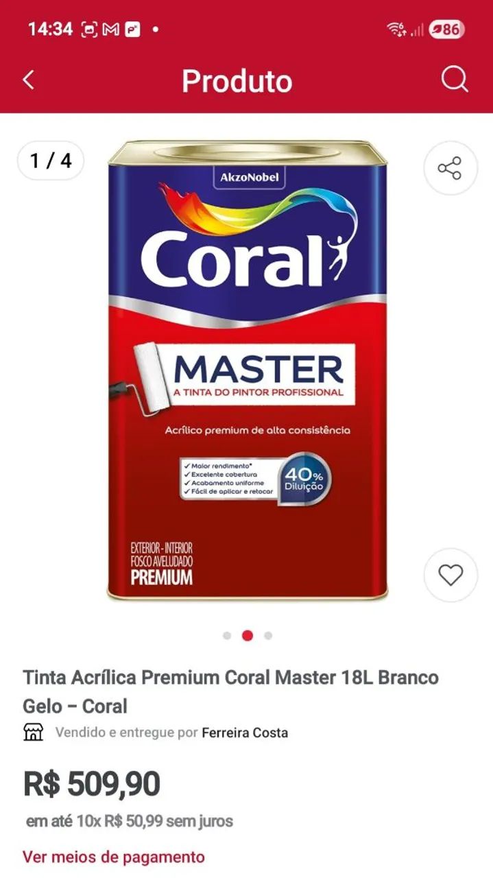 TINTA CORAL MASTER PREMIUM 18 LITROS /BRANCO GÊLO - Foto 4