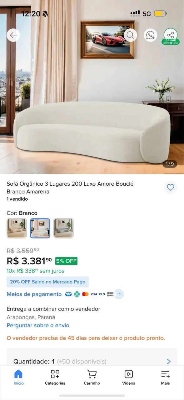 Sofá Orgânico 3 Lugares Bouclé Branco 2m