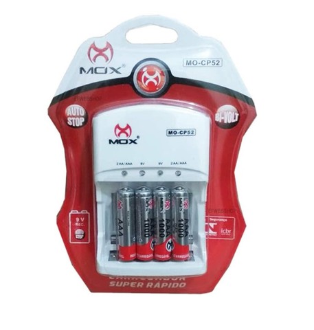 Carregador De Pilhas + 4 Pilhas 1000Mah Bivolt Auto Stop Mox-Cp52
