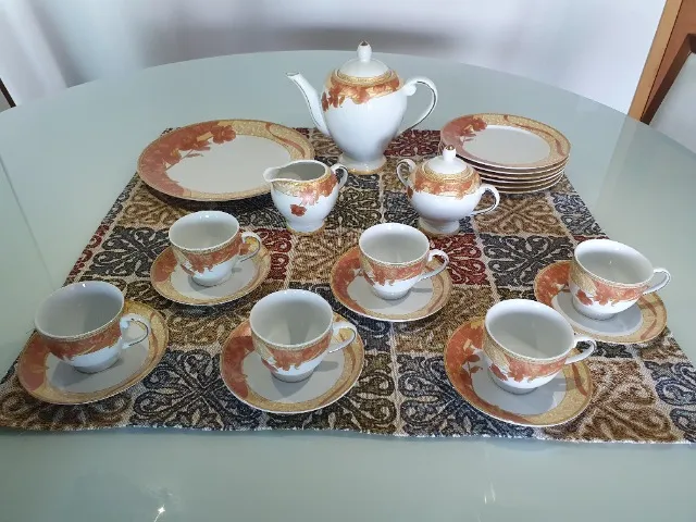 LO 224 – Jogo de chá ou café antigo em porcelana alemã Rosenthal para 6  pessoas com travessa e prato para bolo com bordas em ouro
