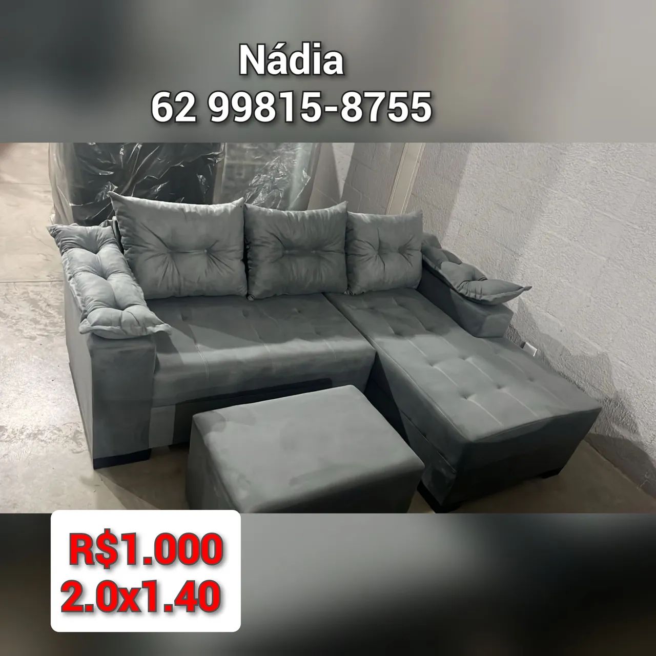 Sofá chaise 3 lugares cinza - R$1.000