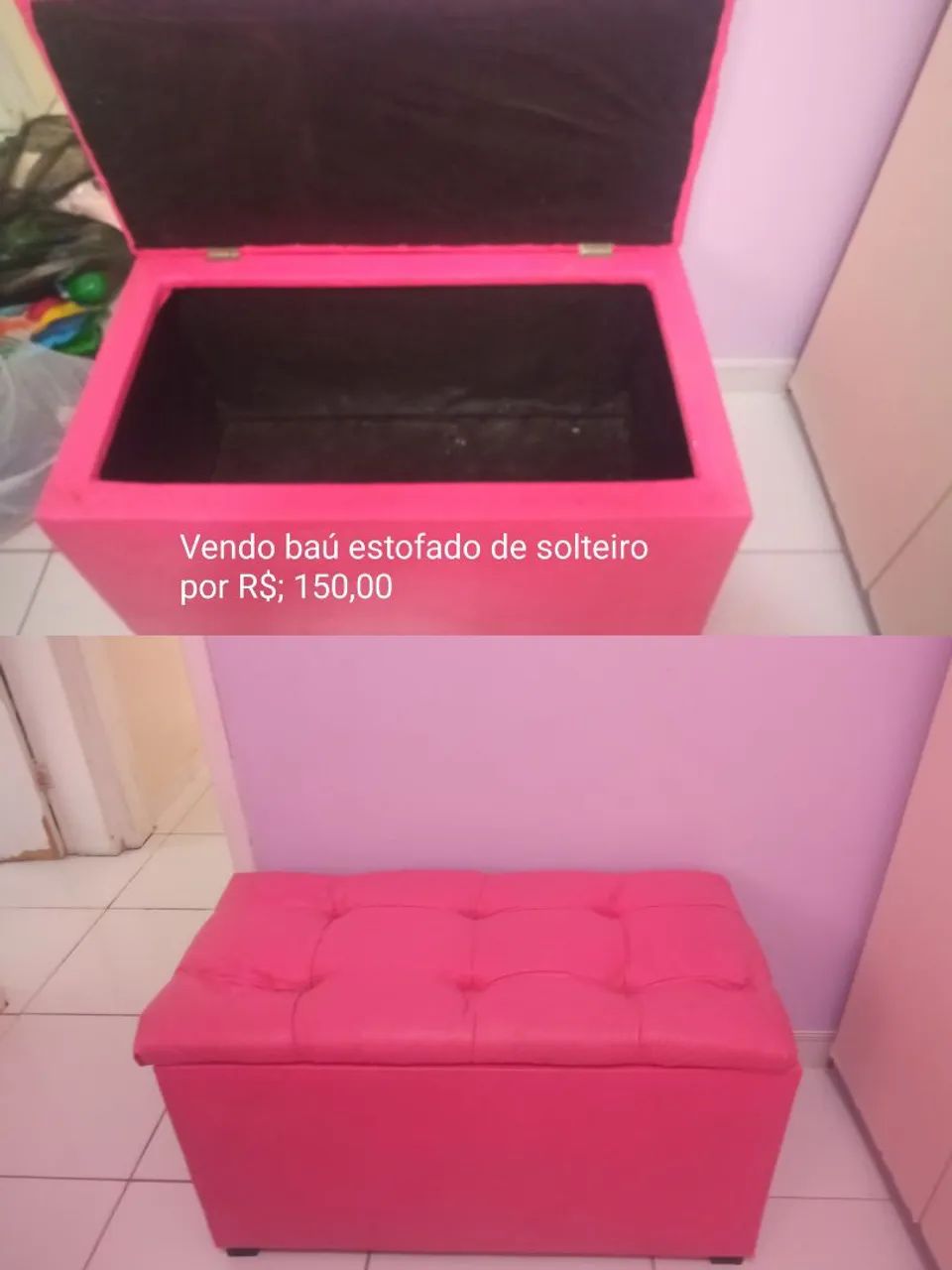 Baú estofado rosa para quarto infantil
