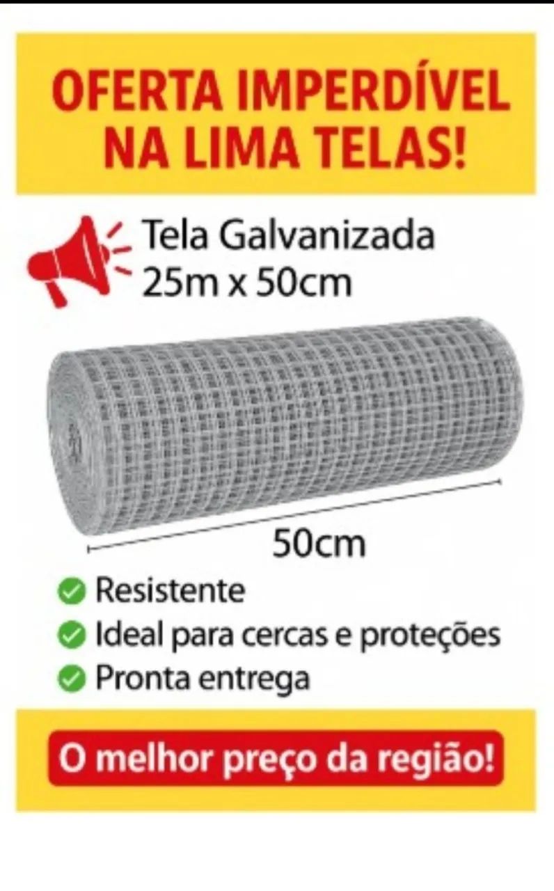 Rolo de Tela Galvanizada 25 metros  x 50cm - Pronta entrega