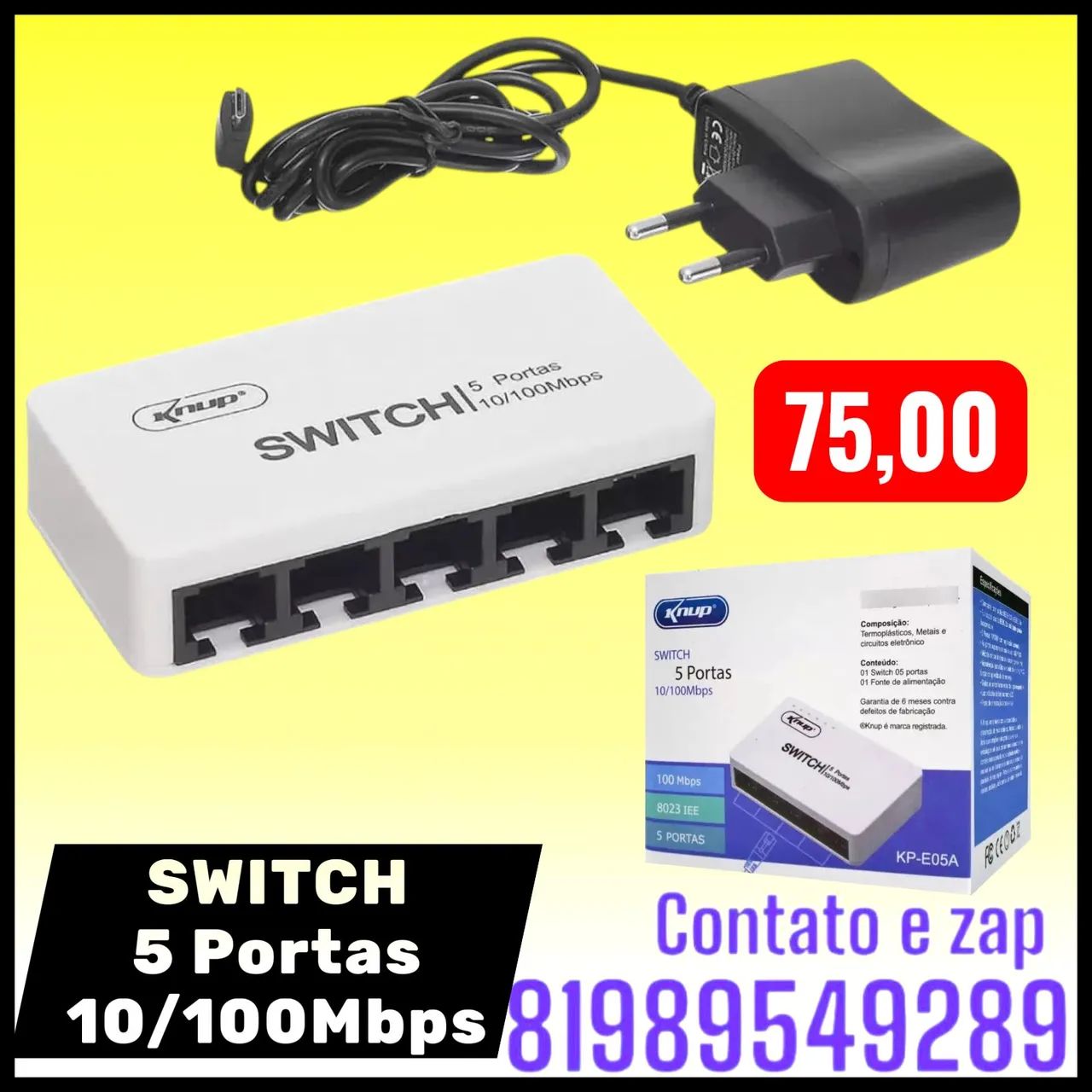 Switch de Rede Knup KP-E05A de 5 portas 10/100Mbps