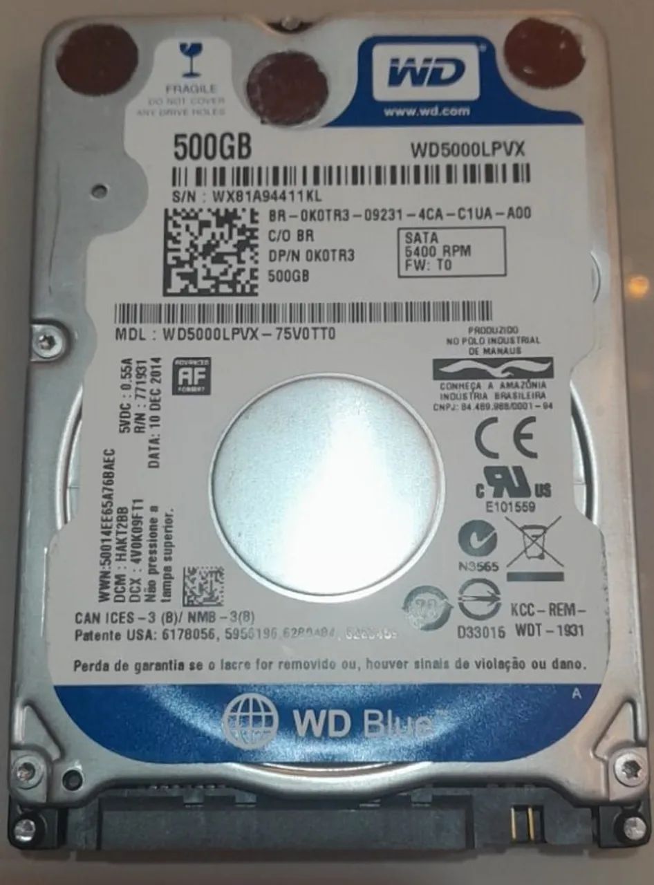 Hd Sata 2.5 Western Digital 500gb Para PC/Notebooks/Case/Jogos