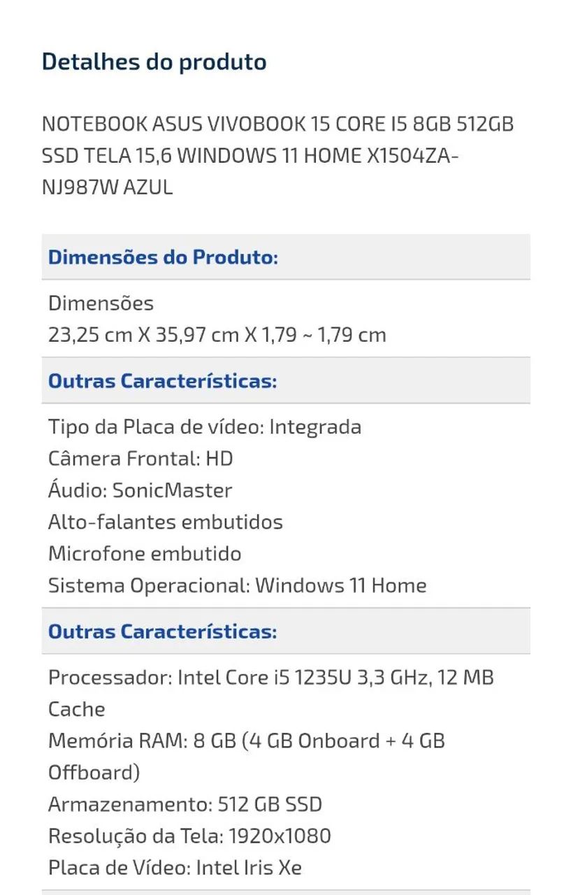 Notebook Asus vivobook I563824111932929123