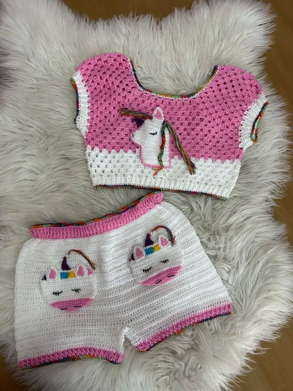 Conjunto Crochê Bebê Unicórnio - Rosa e Branco, encomendas  - Foto 3