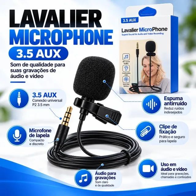 Microfone De Lapela Lavalier Com Fio 1,5m P2 Para Celular - Foto 4