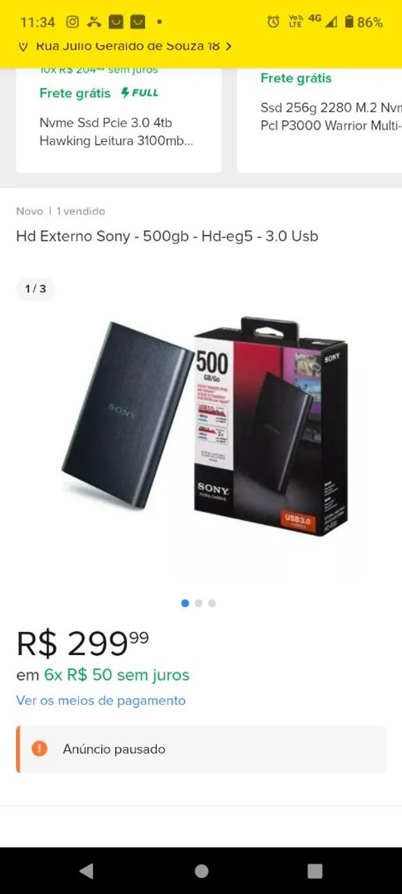 HD externo Sony de 500gb, 3.0 de Alta velocidade 