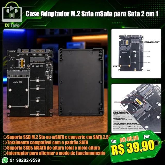 Case Adaptador M.2 Sata mSata para Sata 2 em 1