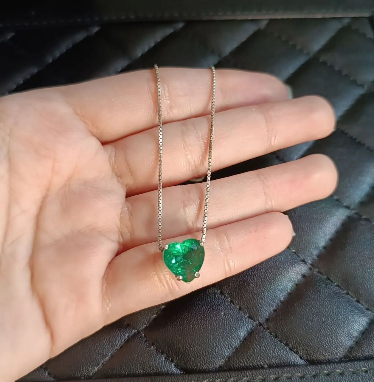 colar prata 925 pingente coração verde
