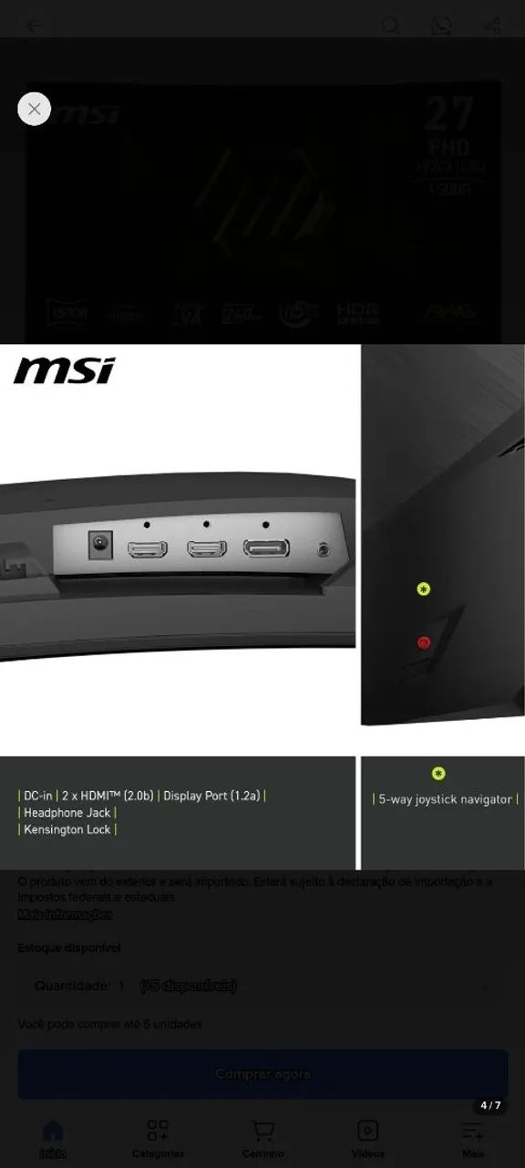 Monitor Gamer  Msi 27 Polegadas, Curvo, 240 Hz, Fhd, 0,5 Ms - Foto 4