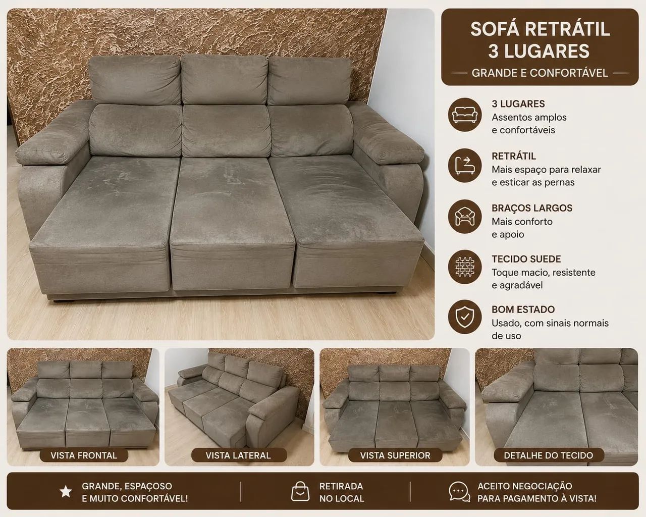 VENDE-SE SOFÁ RETRÁTIL 3 LUGARES 