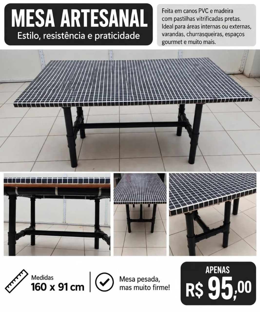Mesa retangular artesanal firme e forte