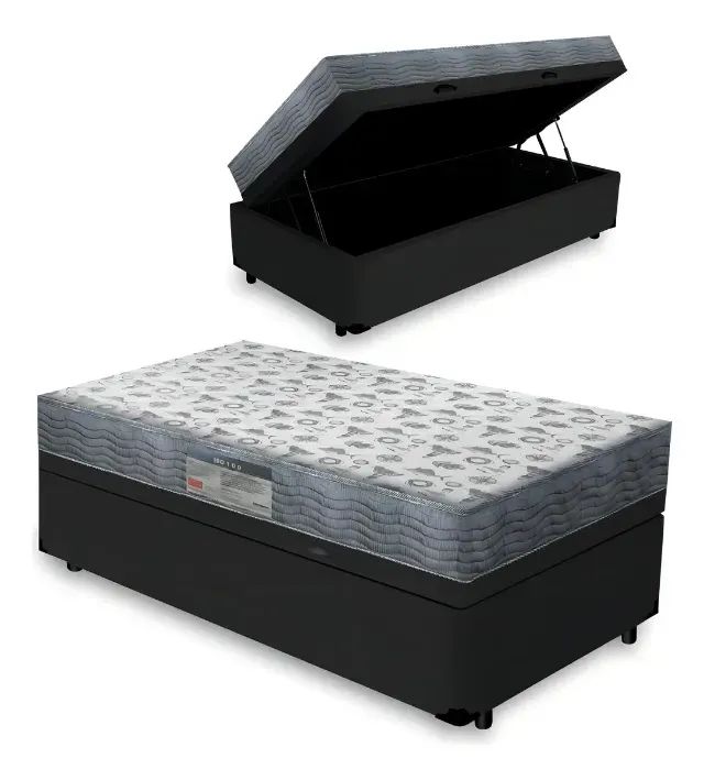 Cama de Solteiro Base Baú Preto Ébano + Colchão Ortobom Premium