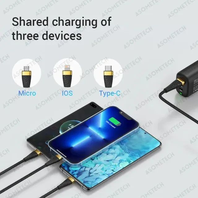Cabo 3 em 1 de carregamento Asometech Portátil Micro USB Tipo C - Foto 3