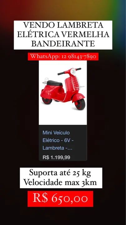 Lambretta Elétrica Vermelha Bandeirante - Foto 2