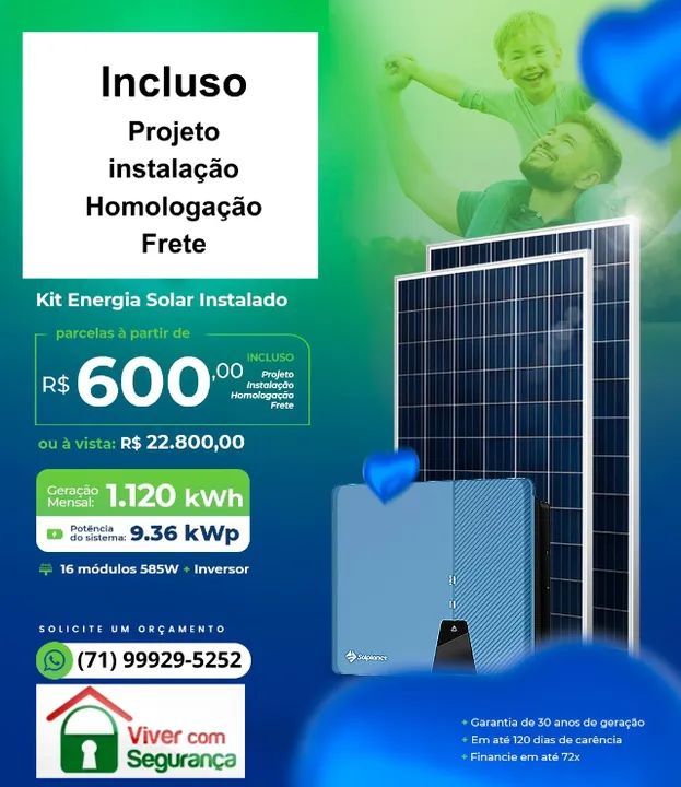 Kit Energia Solar Instalado e Homologado , Geração Mensal 1.120 kWh , Potencia 9,36 kwp