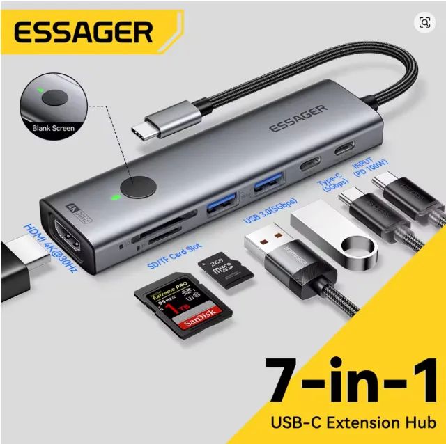 Hub Essager 7 in 1 hmdi 4k usb c