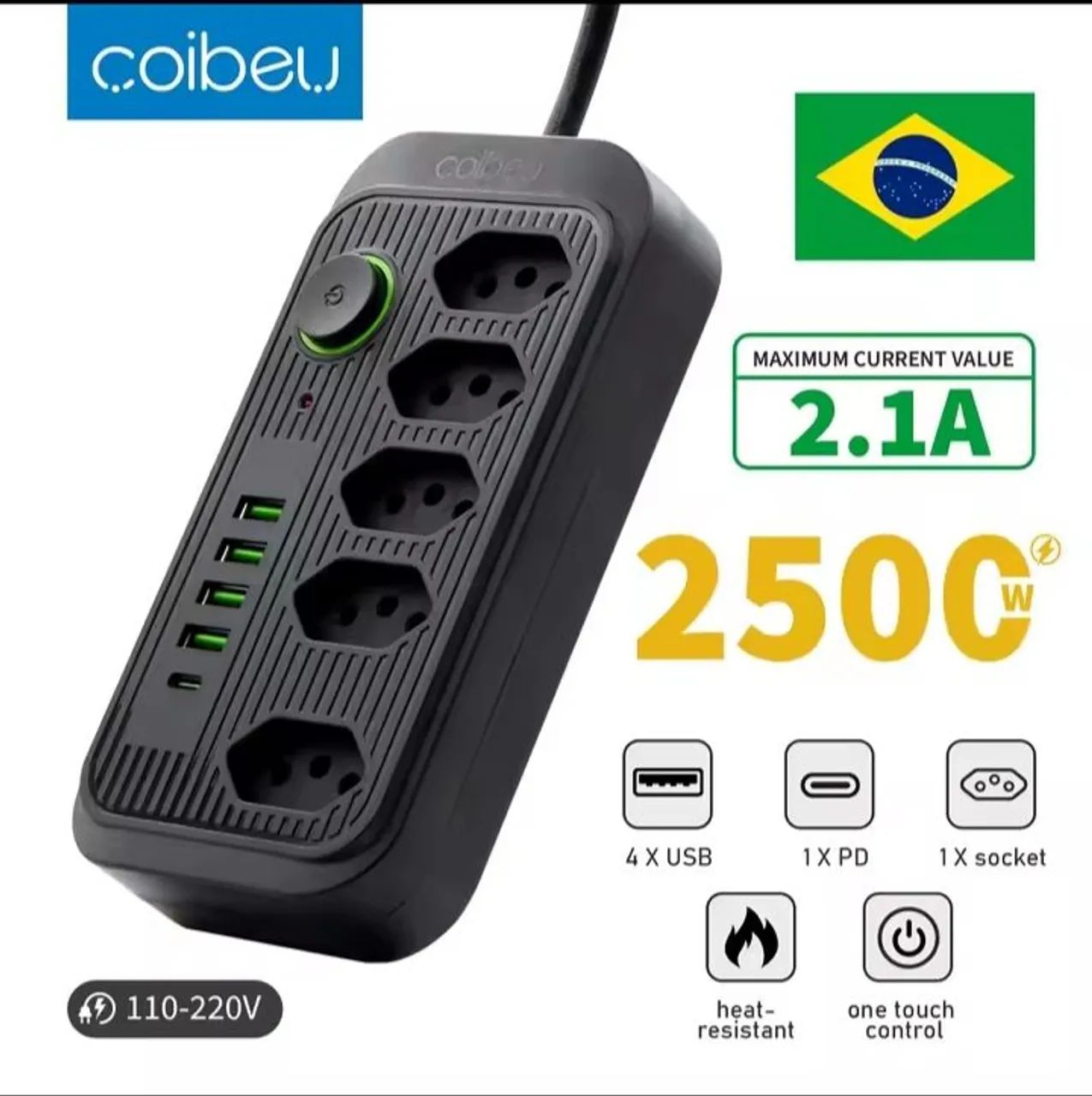 Tomada extensão com 4 USB e 1 Tipo C  - Coibeu 2M