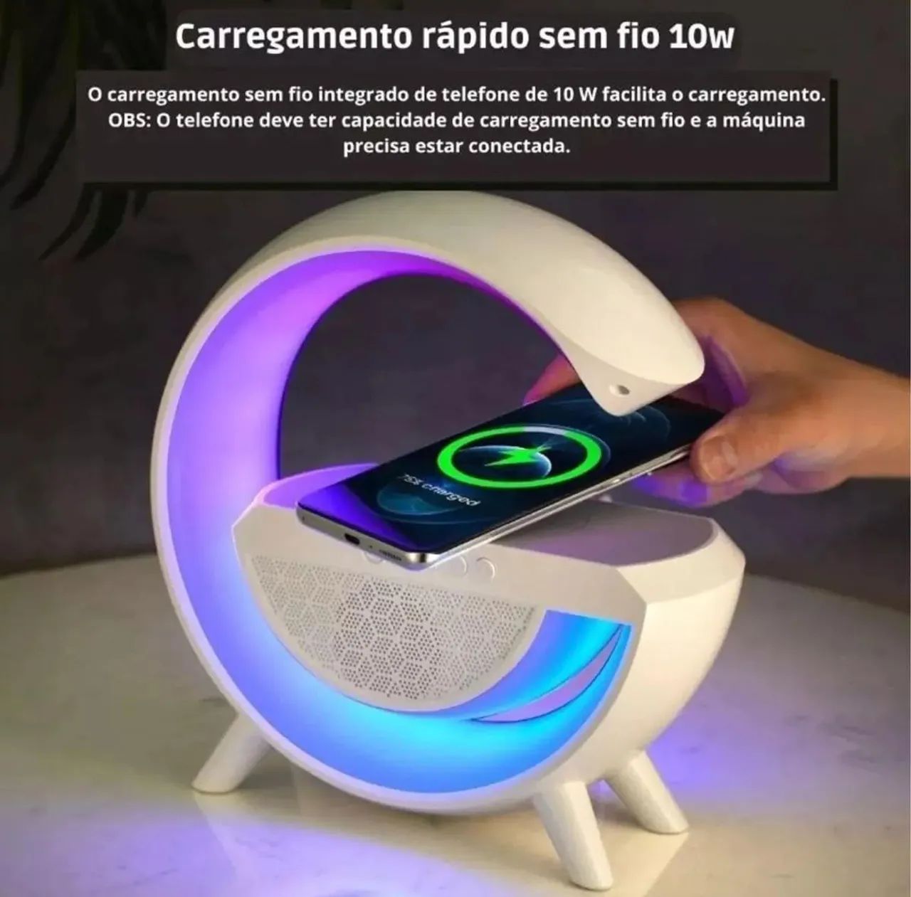 Luminária Rgb Caixa Som G Speaker Carregador Indução Relógio - Foto 2