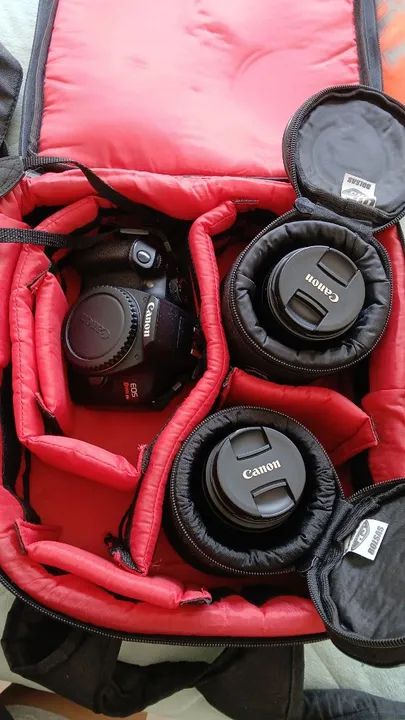 Kit Cânon Rabel t6 com 2 lentes, cases,  câmera e mochila