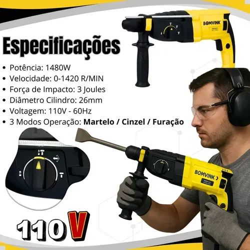 Furadeira De Impacto Martelete Rotativo Sds 1480W com Maleta 3 Brocas SDS 1420R/MIN 1