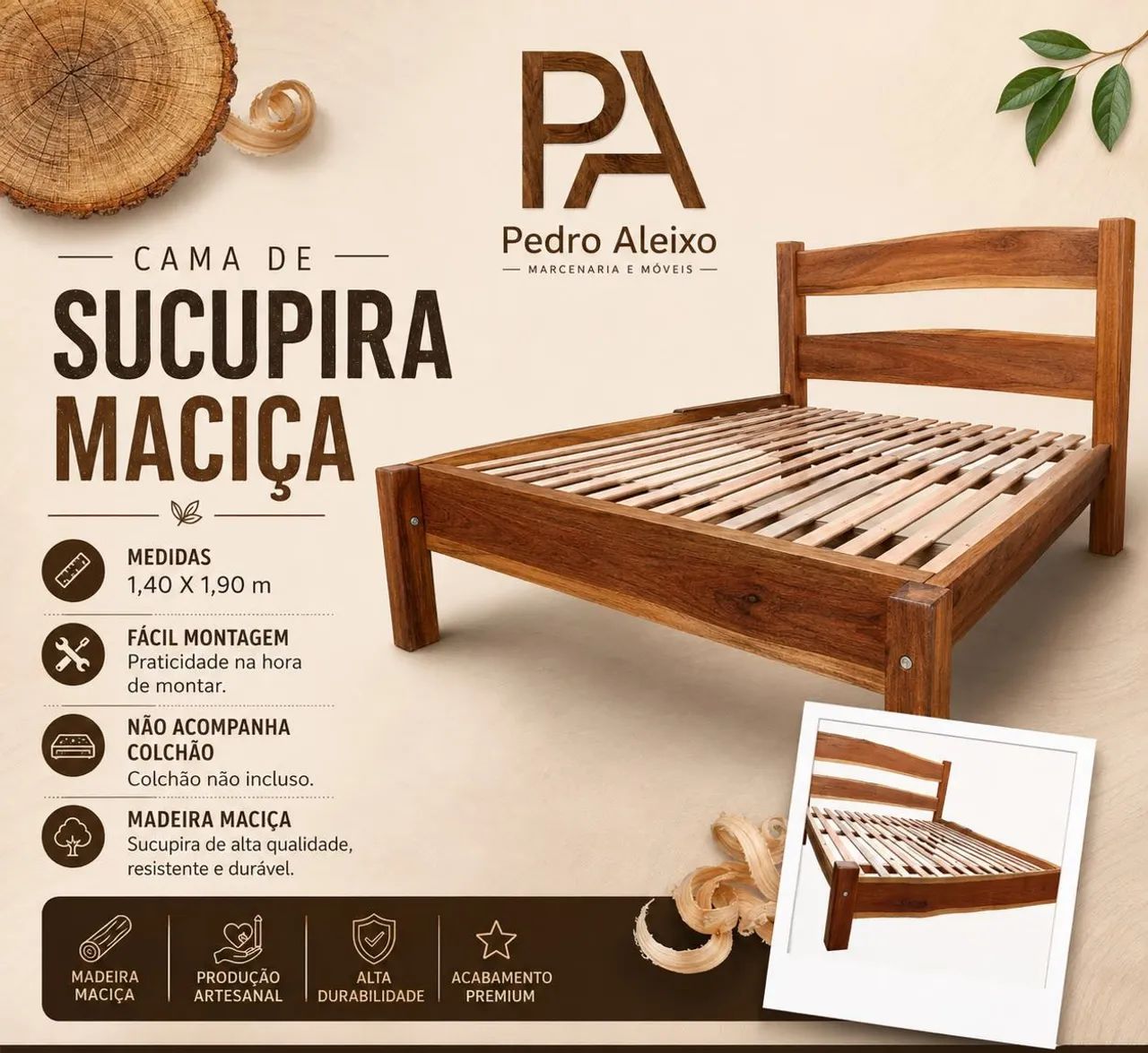 Cama de casal madeira maciça Sucupira 