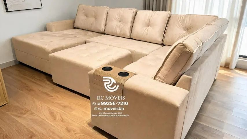 Sofá de Canto 3,10m Chaise e Puff Veludo Cinza D33 Durável - Foto 2