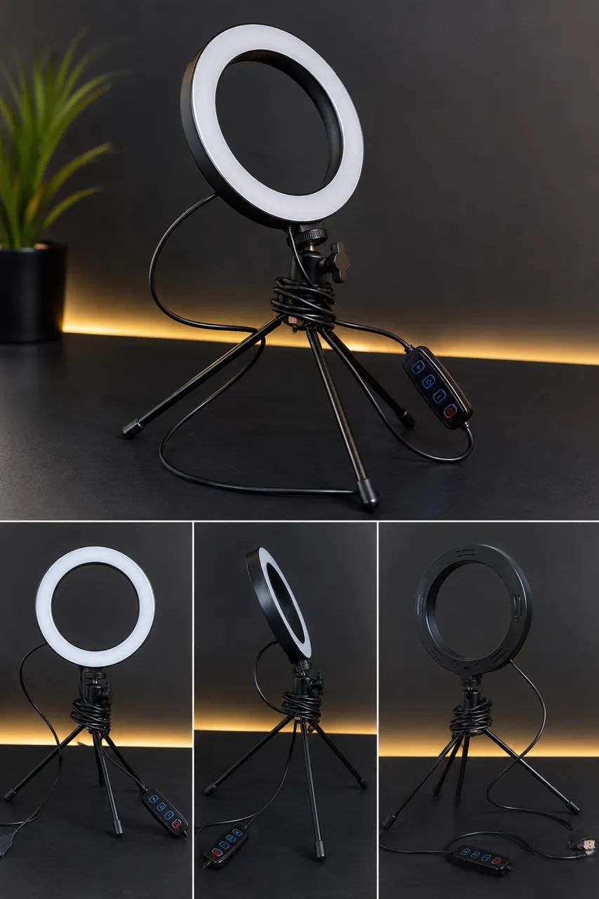 Ring Light LED 26cm com Tripé de Mesa + Controle USB