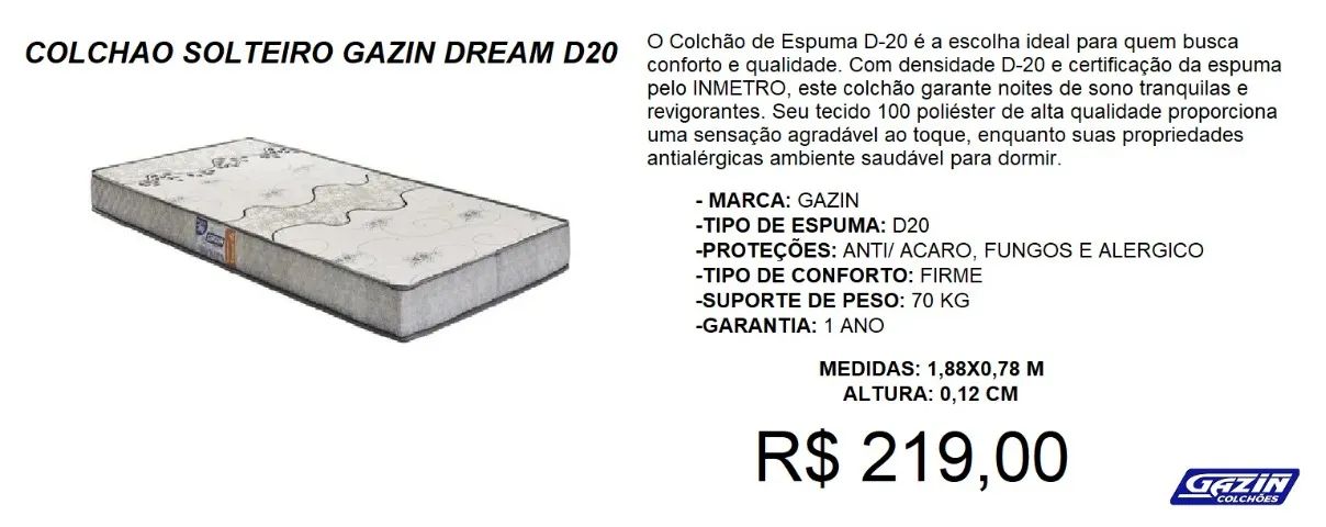 Colchão solteiro d20 - a pronta entrega