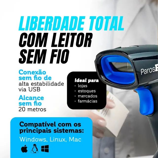 Leitor Código De Barras Sem Fio Usb De Mão Bar Code Scanner 1d Laser Linear Cor Preto