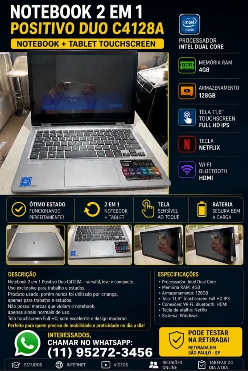 Notebook 2 em 1 Positivo Duo C4128A Touchscreen | 4GB RAM | 128GB | Excelente Estado