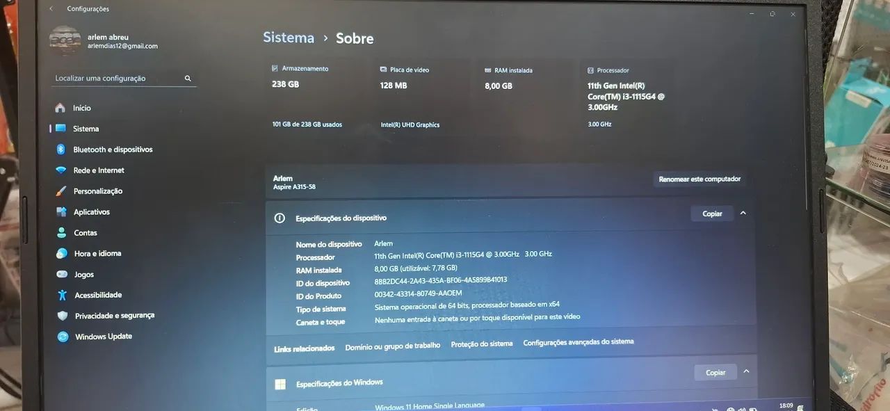 Notebook Acer Aspire315-58 256ssd 8GB ram - Foto 3