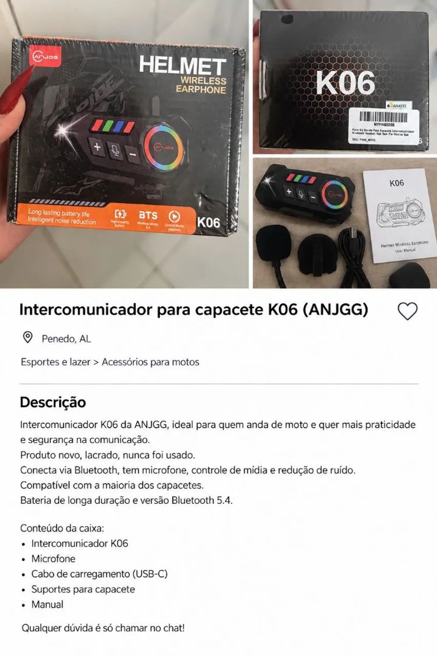 Intercomunicador K06 para Capacete Bluetooth 5.4 ANJGG