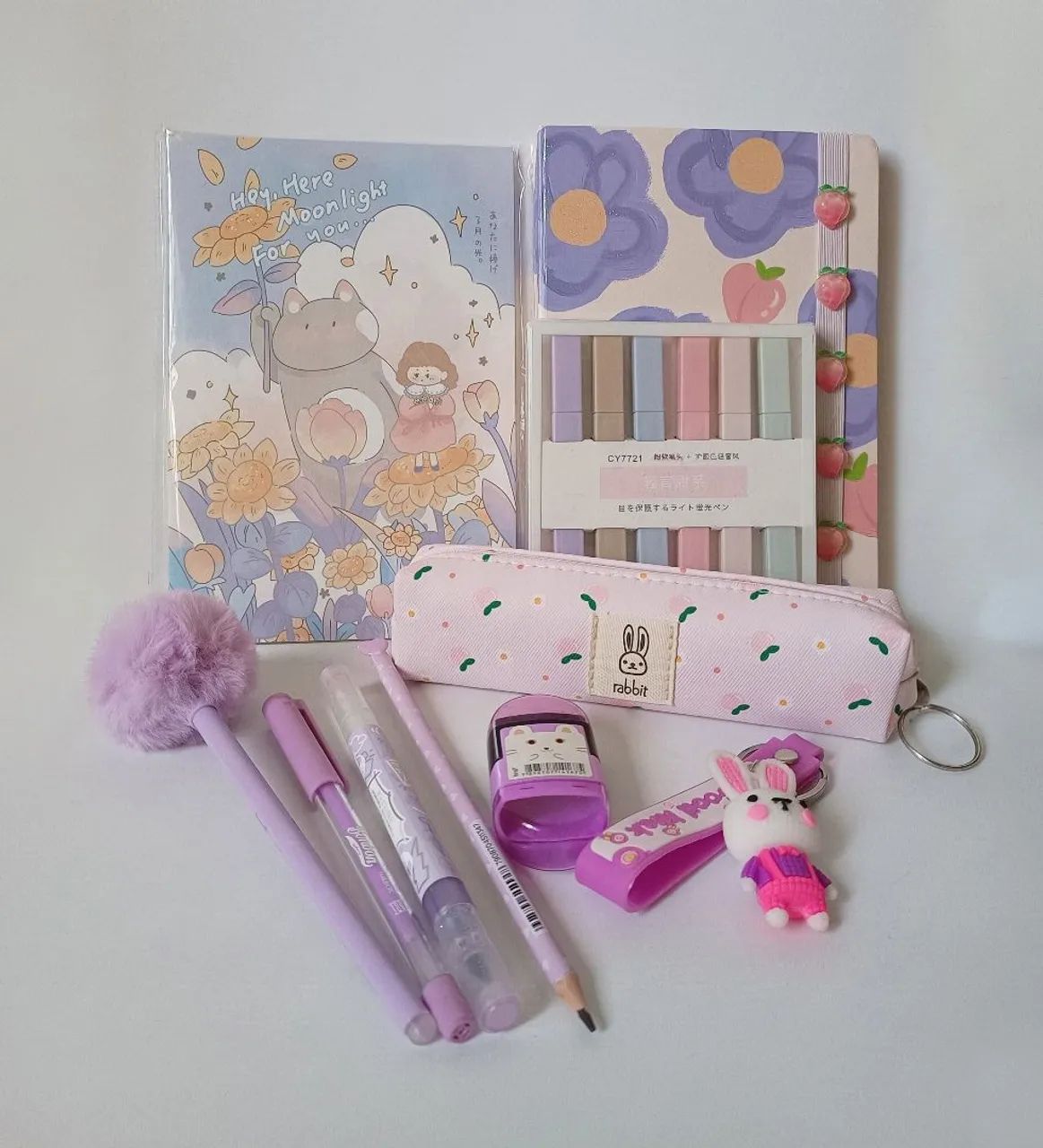 Kit de Papelaria Fofa Pêssegos e Coelho Rosa e Lilás 