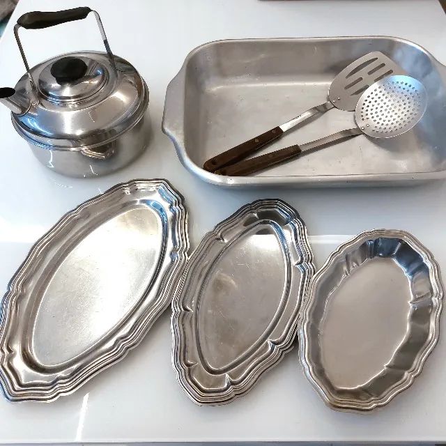 Utensílios Inox Década de 90: 3 Travessas + Forma + Chaleira + Espátulas Tramontina