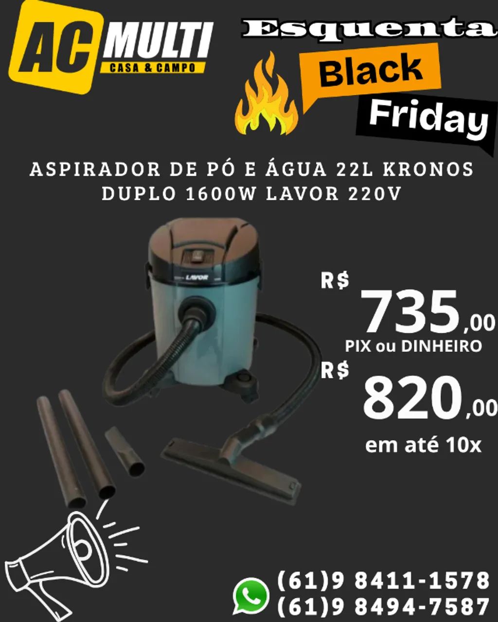 Aspirador de Pó e Água 22L Kronos Duplo 1600W Lavor 220V