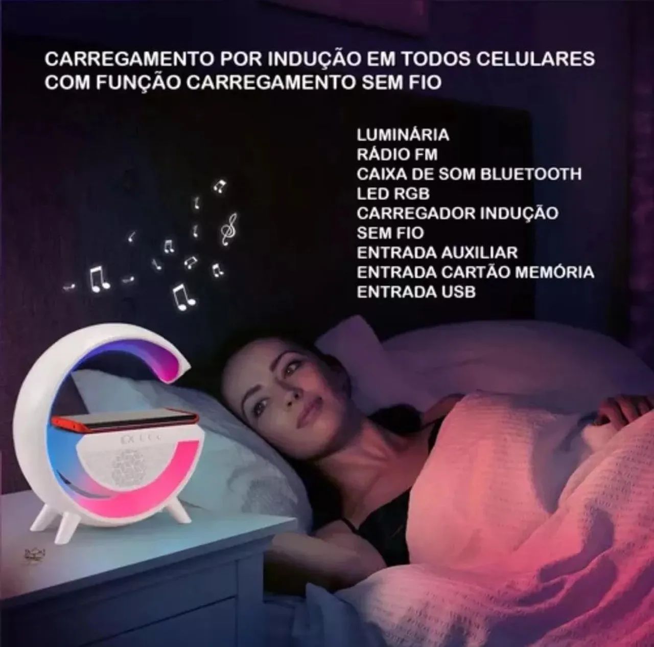 Luminária Rgb Caixa Som G Speaker Carregador Indução Relógio - Foto 4