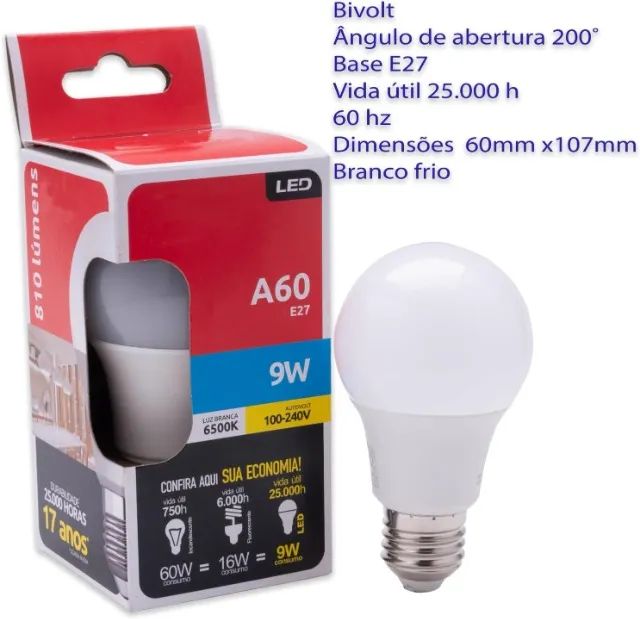 Lâmpada LED Bulbo A60 9W Luz Branca E27 Autovolt - G-light