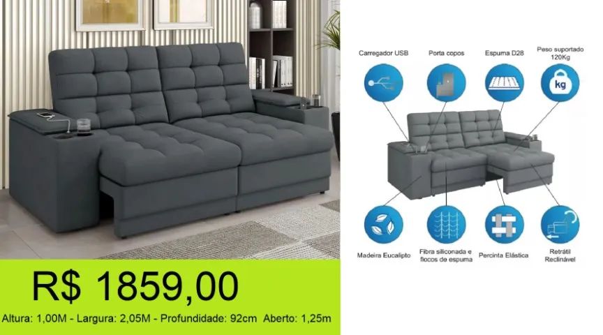 Sofá retrátil e reclinável com porta copos incluso em seu design