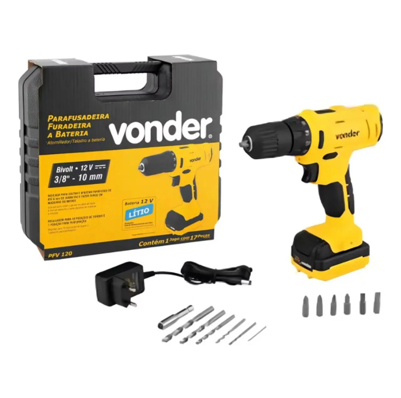 Furadeira/Parafusadeira a Bateria Vonder 12V - 17 Peças
