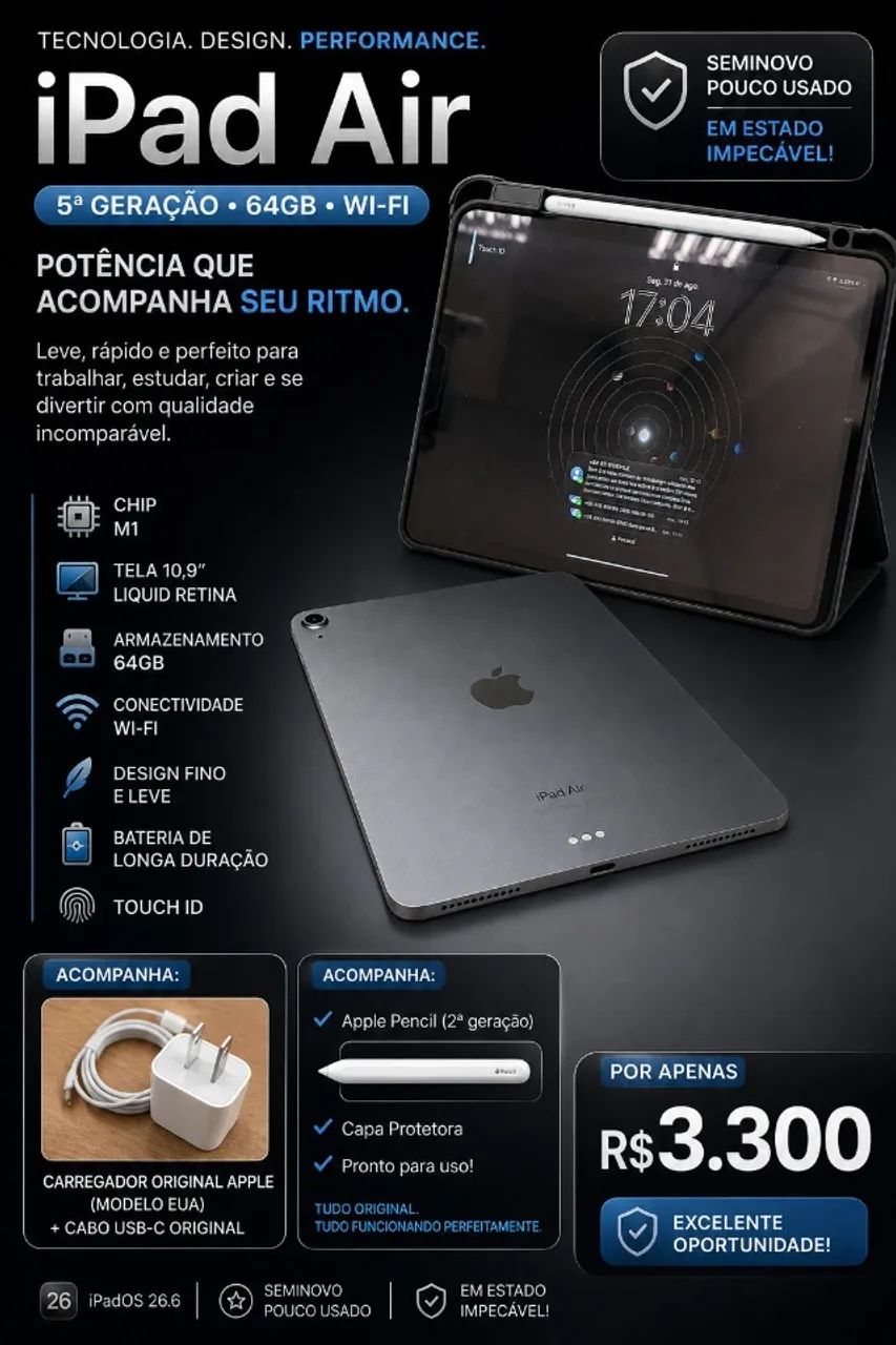 iPad Air 5 M1 64GB - Apple Pencil 2ª Geração - Tablets e E-Readers