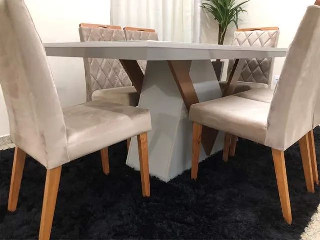 Mesa de Jantar com Tampo de Vidro + 8 Cadeiras Bege - Foto 2
