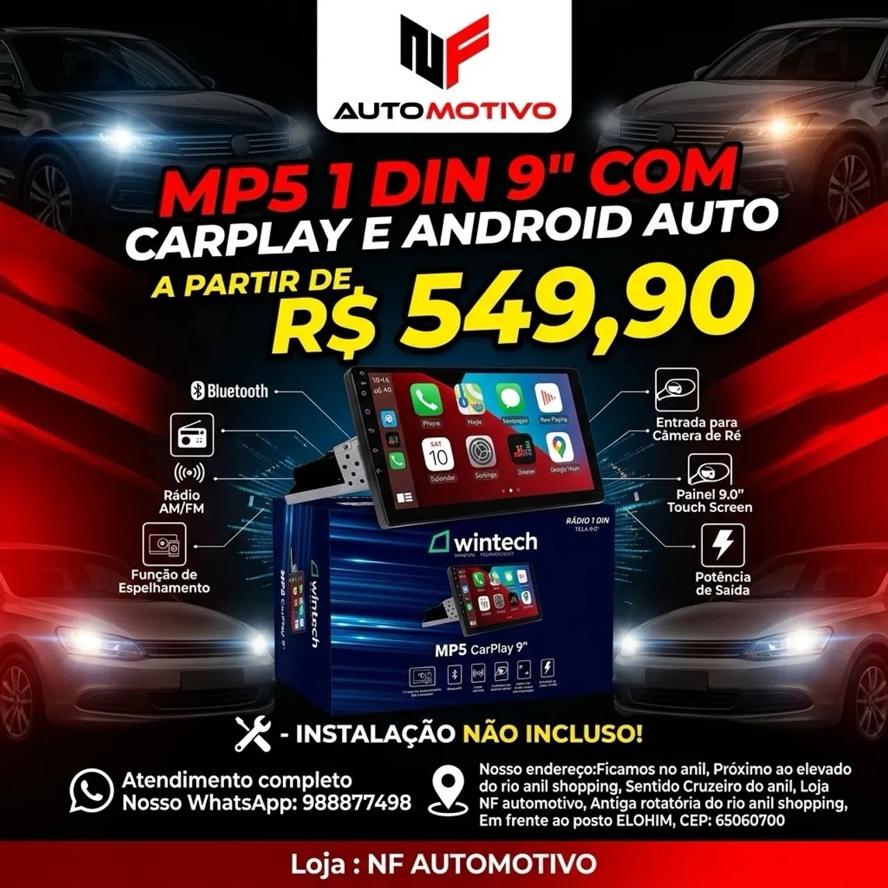 Mp5 1 din 9 polegadas com CarPlay 
