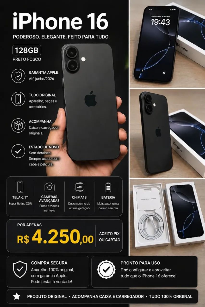 iPhone 16 - 128GB - Preto Fosco - Celulares e Smartphones - Santo