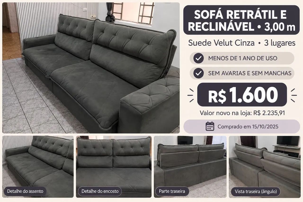 Sofá Retrátil e reclinável 3 metros